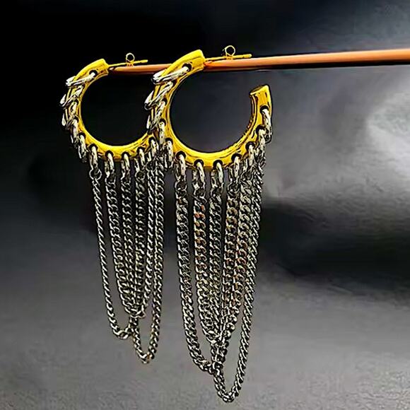 Two Tone Chain Hoop Link Earrings Gold and Silver Punk Retro Y2K - Picture 1 of 6